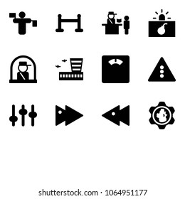 Solid vector icon set - traffic controller vector, vip zone, passport control, terrorism, officer window, airport building, floor scales, light road sign, settings, fast forward, backward