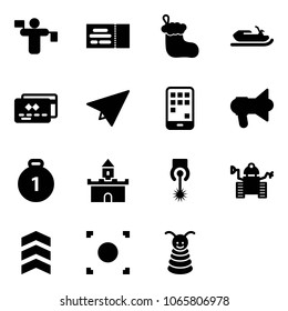 Solid vector icon set - traffic controller vector, ticket, christmas sock, snowmobile, credit card, paper plane, mobile, megaphone, gold medal, sand fort, laser, robot, chevron, record button