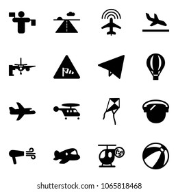 Solid vector icon set - traffic controller vector, runway, plane radar, arrival, boarding passengers, side wind road sign, paper fly, air balloon, helicopter, kite, protect glass, dryer, toy