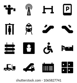 Solid vector icon set - traffic controller vector, antenna, vip zone, parking sign, metal detector gate, train, escalator up, down, post, male wc, disabled, hotel, fork loader, trap truck, schedule