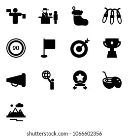 Solid vector icon set - traffic controller vector, passport control, christmas sock, garland, speed limit 90 road sign, flag, target, cup, speaker horn, world, star medal, coconut cocktail