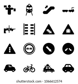 Solid vector icon set - traffic controller vector, train, escalator up, baggage truck, boarding passengers, plane seats, multi lane road sign, tunnel, light, no overtake, detour, car, bike