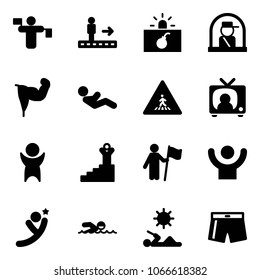 Solid vector icon set - traffic controller vector, travolator, terrorism, officer window, power hand, abdominal muscles, pedestrian road sign, tv news, success, win, flying man, swimming, reading