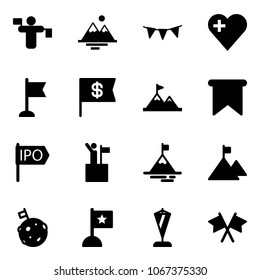 Solid vector icon set - traffic controller vector, mountains, flag garland, heart, dollar, attainment, ipo, win, mountain, moon, pennant, flags cross
