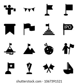 Solid vector icon set - traffic controller vector, flag garland, pyramid, ipo, mountain, moon, win, pennant, flags cross, sailboat toy