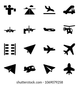 Solid vector icon set - traffic controller vector, runway, arrival, trap truck, plane, boarding passengers, small, helicopter, seats, paper, toy