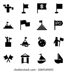 Solid vector icon set - traffic controller vector, flag, dollar, attainment, pyramid, ipo, win, mountain, moon, flags cross, pennant, sailboat toy