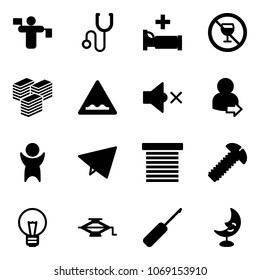 Solid vector icon set - traffic controller vector, stethoscope, hospital bed, no alcohol sign, big cash, rough road, volume off, user login, success, paper fly, jalousie, screw, bulb, jack, awl