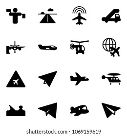 Solid vector icon set - traffic controller vector, runway, plane radar, trap truck, boarding passengers, small, helicopter, globe, airport road sign, paper, jointer, toy