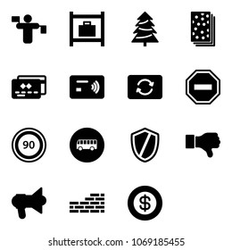 Solid vector icon set - traffic controller vector, baggage room, christmas tree, breads, credit card, tap pay, exchange, no way road sign, speed limit 90, bus, shield, dislike, megaphone, brick wall