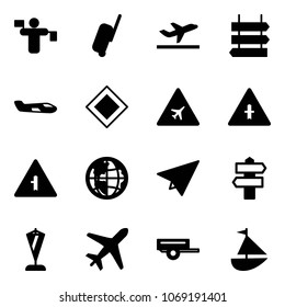 Solid vector icon set - traffic controller vector, suitcase, departure, sign post, small plane, main road, airport, intersection, globe, paper, signpost, pennant, trailer, sailboat toy