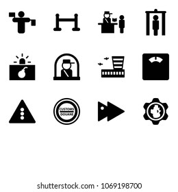 Solid vector icon set - traffic controller vector, vip zone, passport control, metal detector gate, terrorism, officer window, airport building, floor scales, light road sign, customs, fast forward