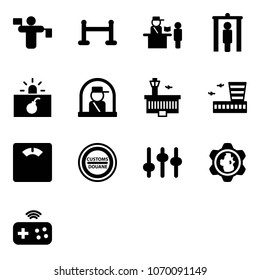 Solid vector icon set - traffic controller vector, vip zone, passport control, metal detector gate, terrorism, officer window, airport building, floor scales, customs road sign, settings, gear globe