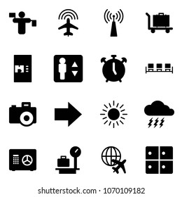 Solid vector icon set - traffic controller vector, plane radar, antenna, baggage, coffee machine, elevator, alarm clock, waiting area, camera, right arrow, sun, storm, safe, scales, globe, room