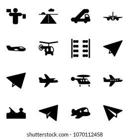 Solid vector icon set - traffic controller vector, runway, trap truck, plane, small, helicopter, seats, paper, fly, jointer, toy