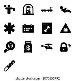 Solid vector icon set - traffic controller vector, officer window, baggage truck, abdominal muscles, ambulance star, schedule, x ray, tunnel road sign, search money, bag, helicopter, wireless lock