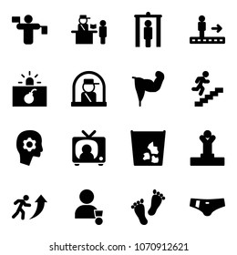 Solid vector icon set - traffic controller vector, passport control, metal detector gate, travolator, terrorism, officer window, power hand, career, brain work, tv news, garbage, winner, feet