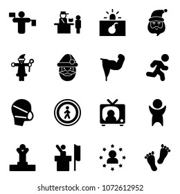 Solid vector icon set - traffic controller vector, passport control, terrorism, santa claus, power hand, run, medical mask, no pedestrian road sign, tv news, success, winner, speaker, star man, feet