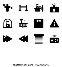 Solid vector icon set - traffic controller vector, vip zone, passport control, terrorism, officer window, airport building, floor scales, light road sign, fast forward, backward, jalousie