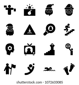 Solid vector icon set - traffic controller vector, terrorism, santa claus, pedestrian road sign, head hunter, career, brain work, tv news, success, world, win, flying man, swimming, feet