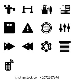 Solid vector icon set - traffic controller vector, vip zone, passport control, airport building, floor scales, light road sign, customs, settings, fast forward, backward, gear globe, jalousie