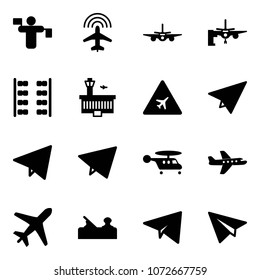 Solid vector icon set - traffic controller vector, plane radar, boarding passengers, seats, airport building, road sign, paper, fly, helicopter, jointer