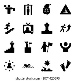 Solid vector icon set - traffic controller vector, metal detector gate, santa claus, pedestrian road sign, career, tv news, winner, success, win, star man, swimming, reading, feet