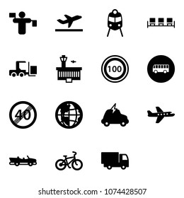Solid vector icon set - traffic controller vector, departure, train, waiting area, fork loader, airport building, speed limit 100 road sign, bus, end, globe, electric car, plane, cabrio, bike