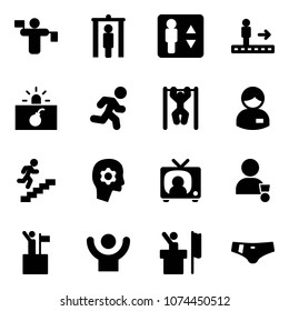 Solid vector icon set - traffic controller vector, metal detector gate, elevator, travolator, terrorism, run, pull ups, manager, career, brain work, tv news, winner, win, success, speaker, swimsuit