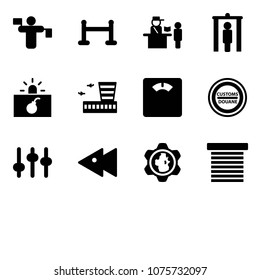 Solid vector icon set - traffic controller vector, vip zone, passport control, metal detector gate, terrorism, airport building, floor scales, customs road sign, settings, fast backward, gear globe