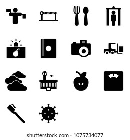 Solid vector icon set - traffic controller vector, barrier, spoon and fork, metal detector gate, terrorism, passport, camera, loader, clouds, airport building, apple, floor scales, tooth brush