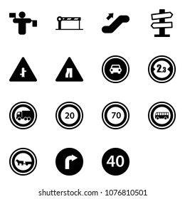Solid vector icon set - traffic controller vector, barrier, escalator up, road signpost sign, intersection, narrows, no car, limited width, truck, speed limit 20, 70, bus, cart horse, only right