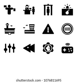 Solid vector icon set - traffic controller vector, passport control, metal detector gate, terrorism, airport building, light road sign, customs, settings, fast backward, gear globe