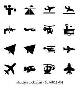Solid vector icon set - traffic controller vector, runway, departure, arrival, boarding passengers, small plane, helicopter, airport building, paper fly, toy