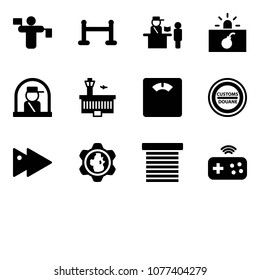 Solid vector icon set - traffic controller vector, vip zone, passport control, terrorism, officer window, airport building, floor scales, customs road sign, fast forward, gear globe, jalousie