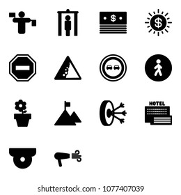 Solid vector icon set - traffic controller vector, metal detector gate, dollar, sun, no way road sign, landslide, overtake, pedestrian, flower pot, mountain, solution, sea hotel, surveillance camera