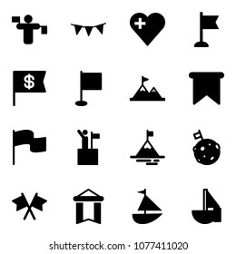 Solid vector icon set - traffic controller vector, flag garland, heart, dollar, attainment, win, mountain, moon, flags cross, pennant, sailboat toy