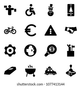 Solid vector icon set - traffic controller vector, disabled, snowman, christmas mobile, bike, euro, light road sign, agreement, gear, globe, search money, win, gold, grill, car baggage, wirligig toy