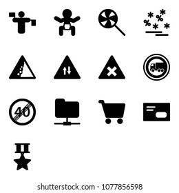 Solid vector icon set - traffic controller vector, baby, lollipop, christmas sale, landslide road sign, oncoming, railway intersection, no truck, end speed limit, network folder, cart, envelope