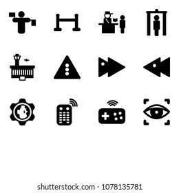 Solid vector icon set - traffic controller vector, vip zone, passport control, metal detector gate, airport building, light road sign, fast forward, backward, gear globe, remote, joystick wireless