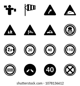 Solid vector icon set - traffic controller vector, side wind, turn right road sign, climb, children, car crash, no dangerous cargo, limited width, speed limit 20, 40, 110, customs, detour, minimal