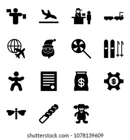 Solid vector icon set - traffic controller vector, arrival, passport control, baggage truck, plane globe, santa claus, lollipop, ski, gymnastics, agreement, money bag, managemet, dragonfly, drill