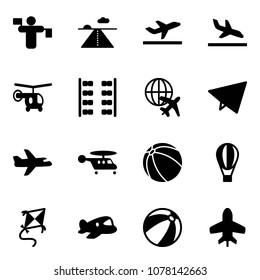 Solid vector icon set - traffic controller vector, runway, departure, arrival, helicopter, plane seats, globe, paper fly, ball, air balloon, kite, toy, beach
