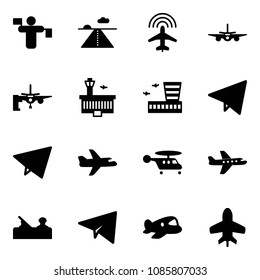 Solid vector icon set - traffic controller vector, runway, plane radar, boarding passengers, airport building, paper fly, helicopter, jointer, toy