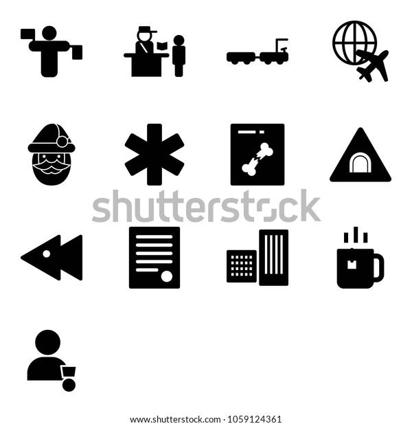 Solid vector icon set - traffic controller vector,
passport control, baggage truck, plane globe, santa claus,
ambulance star, x ray, tunnel road sign, fast backward, agreement,
building, green tea