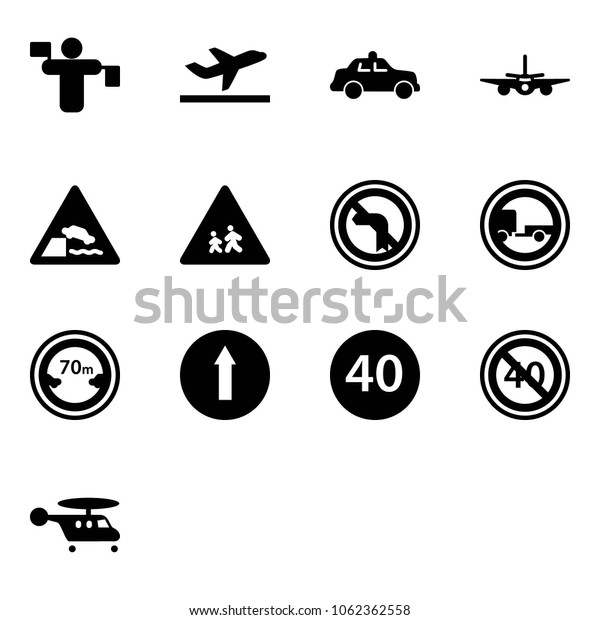 Solid vector icon set - traffic controller vector,\
departure, safety car, plane, embankment road sign, children, no\
left turn, trailer, limited distance, only forward, minimal speed\
limit, end