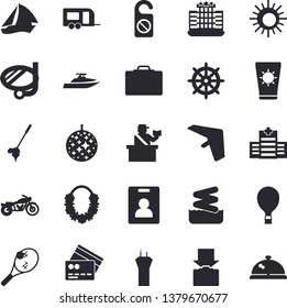 Solid vector icon set - trailer flat fector, sailboat, indentity card, airport tower, motorcycle, hang glider, balloon, suitcase, passport control, credit, get luggage, sun, protection cream, hotel