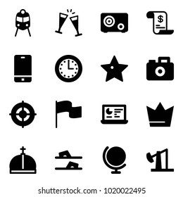 Solid vector icon set - train vector, wine glasses, safe, account history, phone, time, star, camera, target, flag, statistics monitor, crown, flip flops, globe, oil derrick