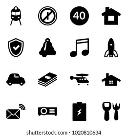 Solid vector icon set - train vector, no parkin odd, minimal speed limit road sign, home, shield check, bell, music, rocket, car, dollar, helicopter, wireless mail, projector, battery