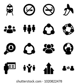 Solid vector icon set - train vector, no smoking sign, banana, group, social, friends, head hunter, community, man globe, presentation, team leader, arrows up, information exchange